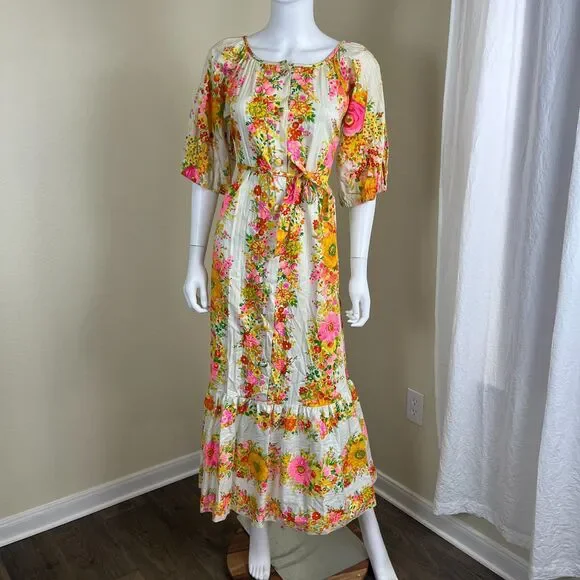 Vintage Miss Elaine Women Size S Floral Ruffle Maxi Dress 70s Retro Boho Peasant - Picture 17 of 17